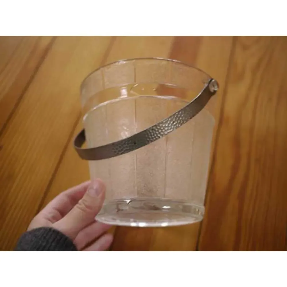 Vintage Mid Century Frosted Pressed Glass Ice Bucket Barrel Design Metal Handle